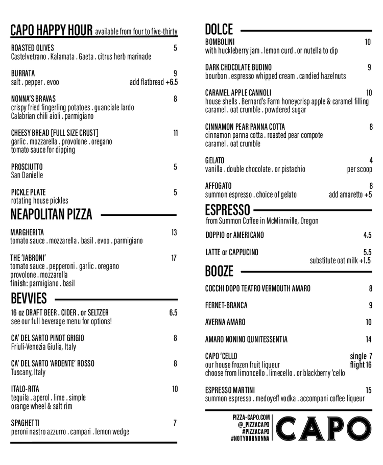 MENU — PIZZA CAPO