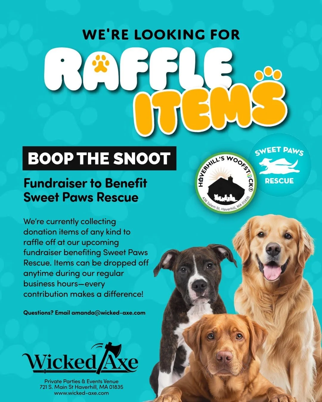 Even if you can't make it to Boop the Snoot on June 6, your inventory will let you be there in spirit!

We're so excited to bring back our spring fundraiser with Wicked Axe this year, and if you love raffle items as much as we do, consider sending in