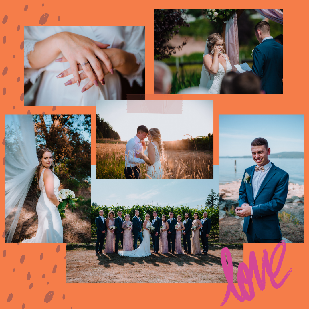 Justine and Blakes wedding at enrico windery on vancouver island by Megan Maundrell Photography - as seen on confetti magazine. collage of different wedding photos including bride crying during vows, bride and groom portraits, and her gorgeous ring.