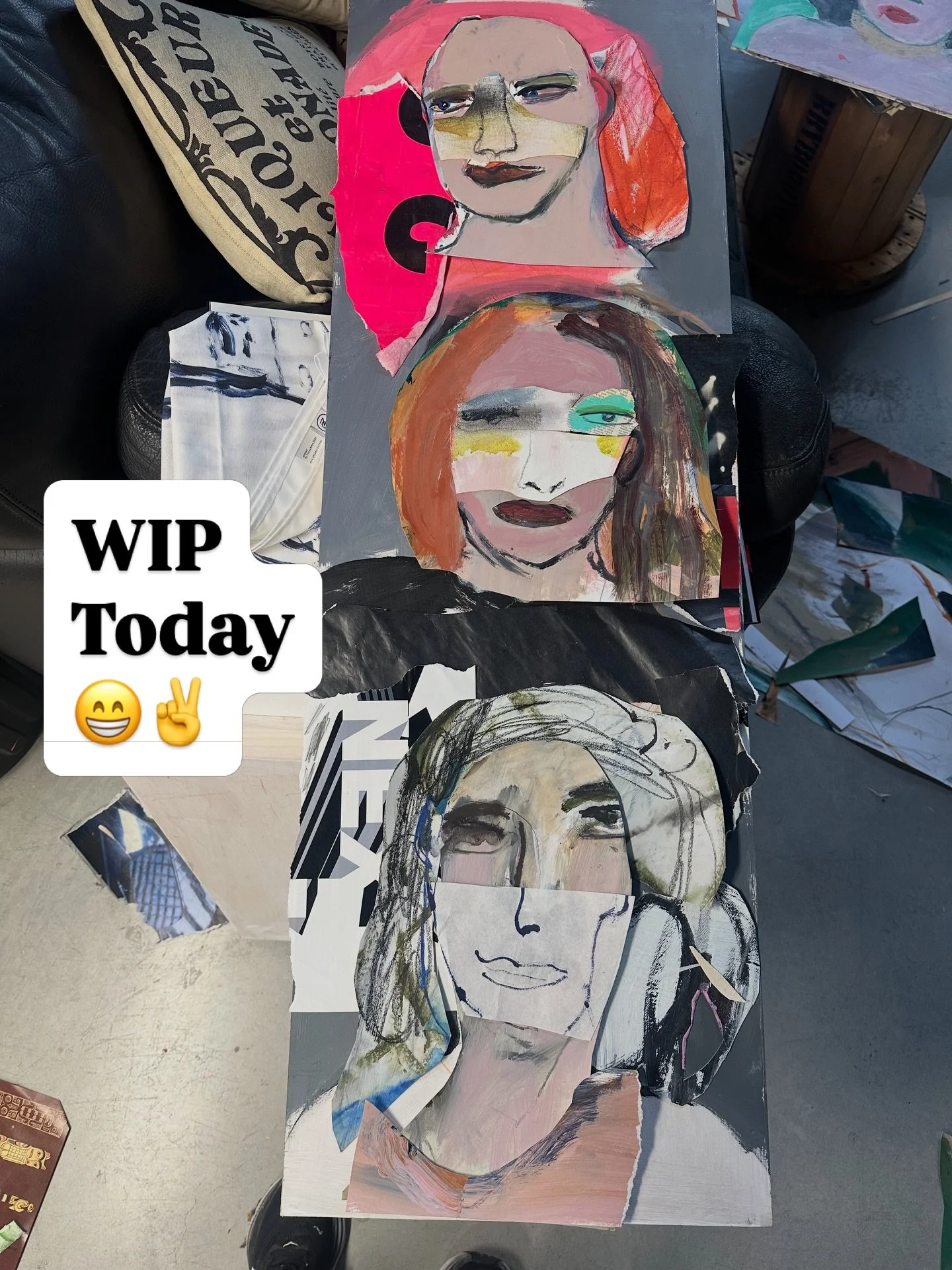 Monday holiday collage- WIP
Happy with the way they are hanging together- ready for gluing possibly!
#collageartwork 
#intuitiveart 
#authentic
#mixedmediaartwork 
#partcollagepartpaint