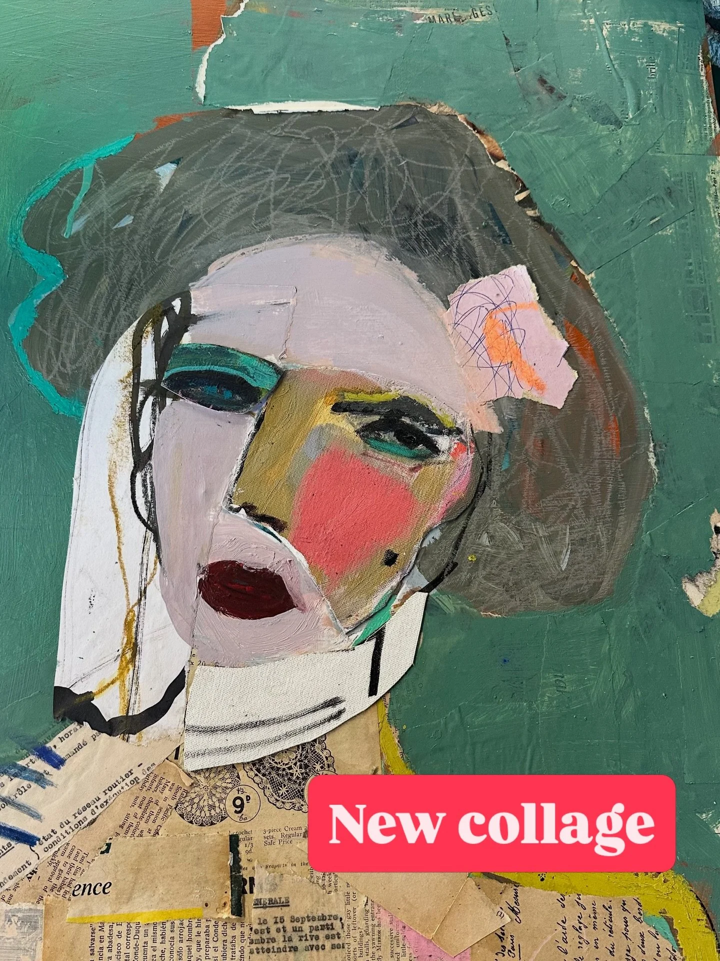 New collage work on board.
Used bits of my vintage magazines collected on my travels in Europe, mainly Paris &amp; Berlin. Love unique papers and textures.
#collageartwork 
#mixedmediaartwork 
#trustyourprocess 
#faceseverywhere 
#yingyang