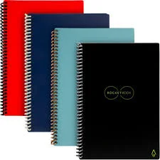 four notebooks in red, blue, aqua, and black