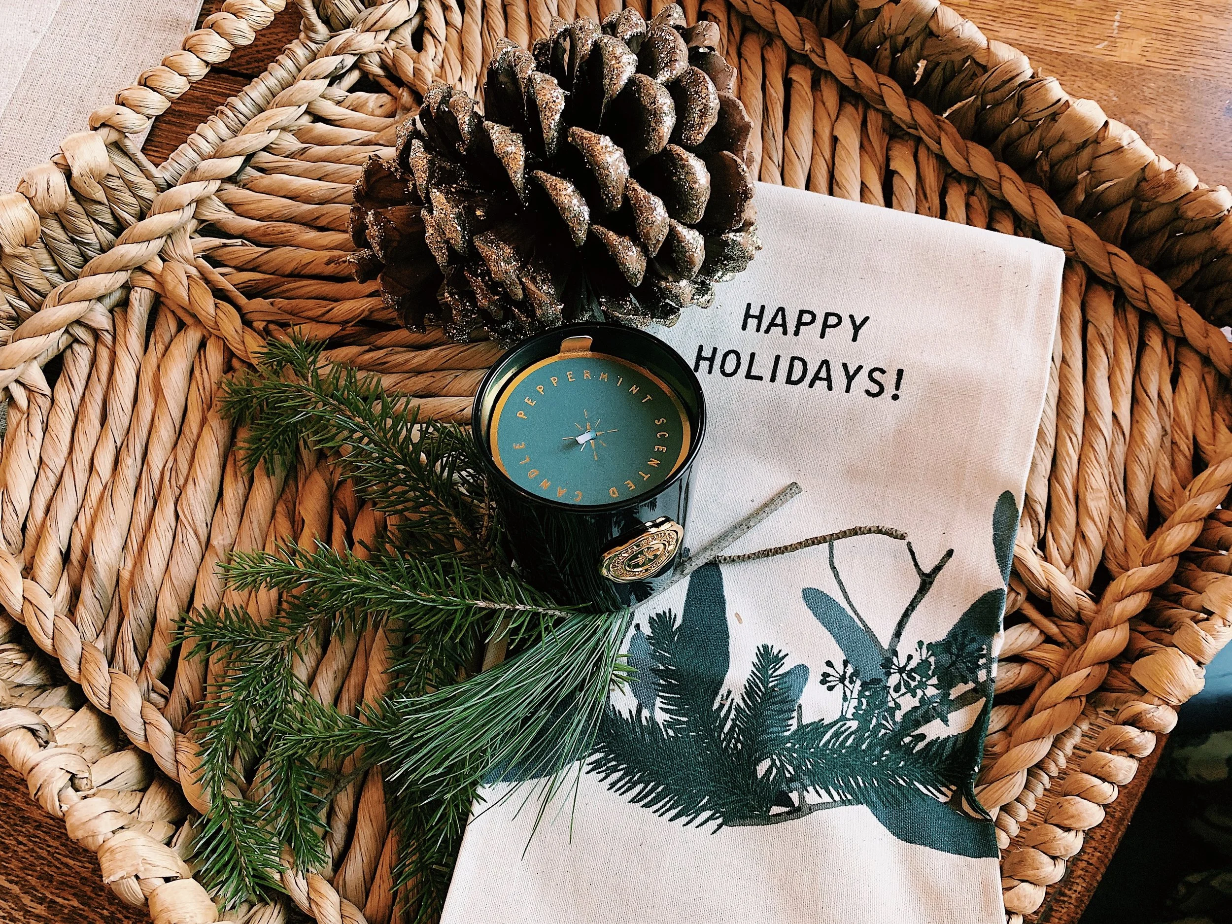 Festive, affordable candles & holiday tea towels from H&M home make a great hostess or teacher gift.
