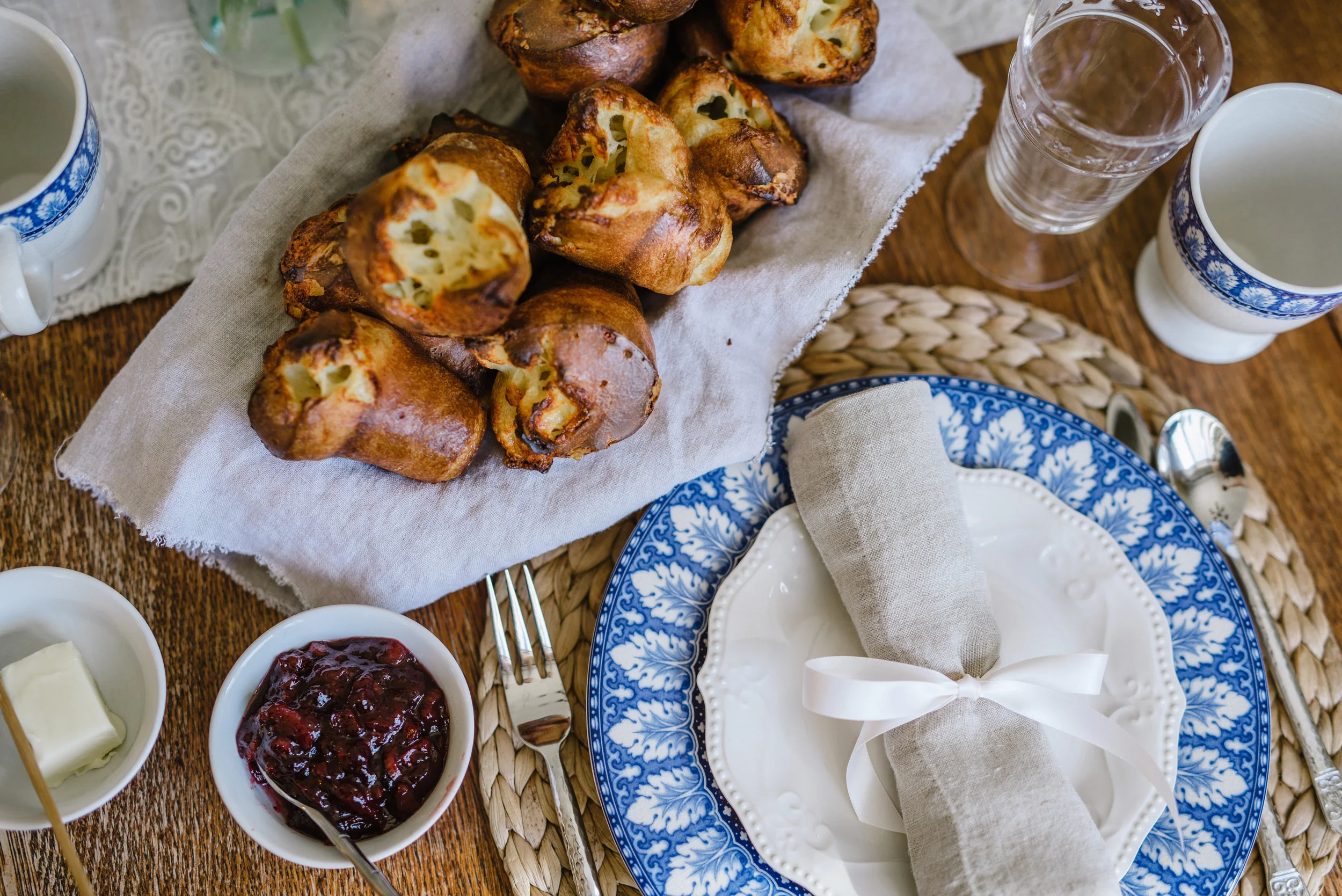 Cheddar Popovers with homemade jam. Popover recipe adapted from Cooks Illustrated Baking Book. I added cheddar cheese—so good.