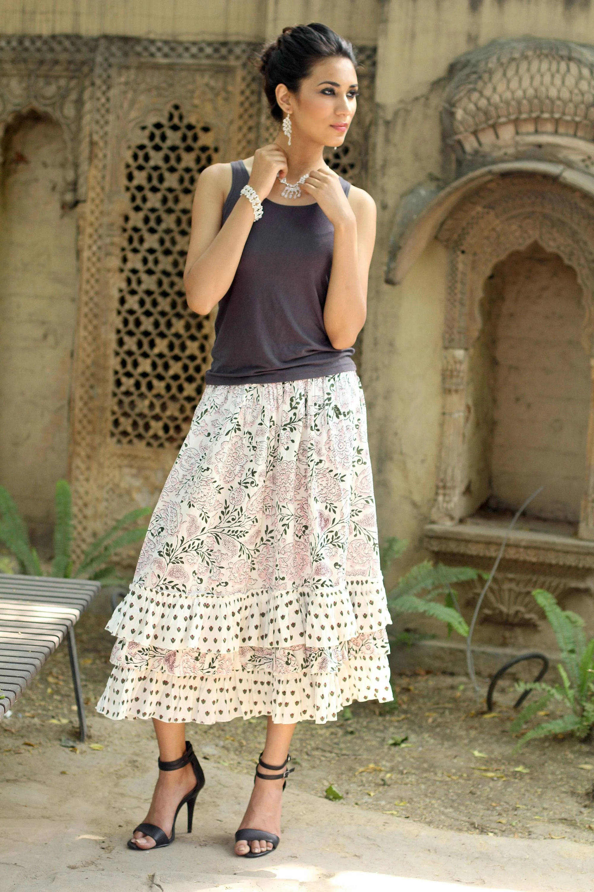 Floral Print Skirt in White