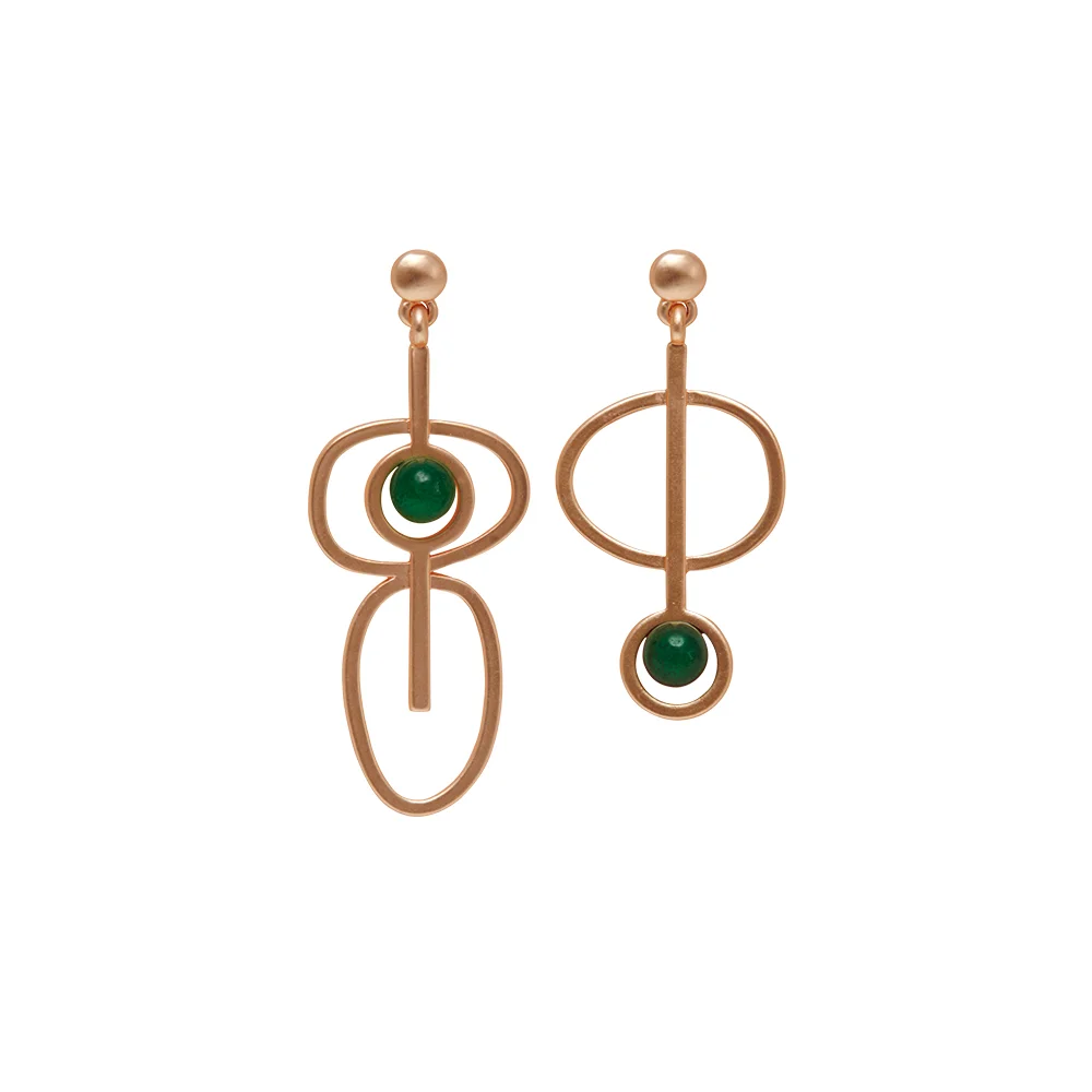 Viola Abstract Earrings (Rose Gold with Green Stone)