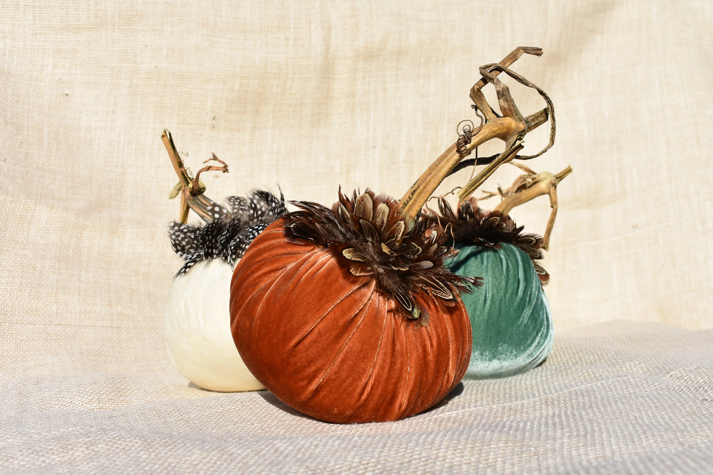 6" Velvet Pumpkins with Feathers - A Trio