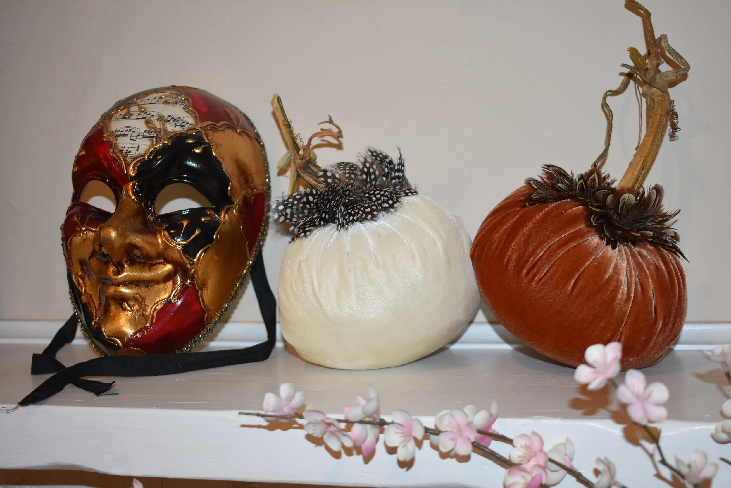 6" Velvet Pumpkins with Feathers - Set of Two 