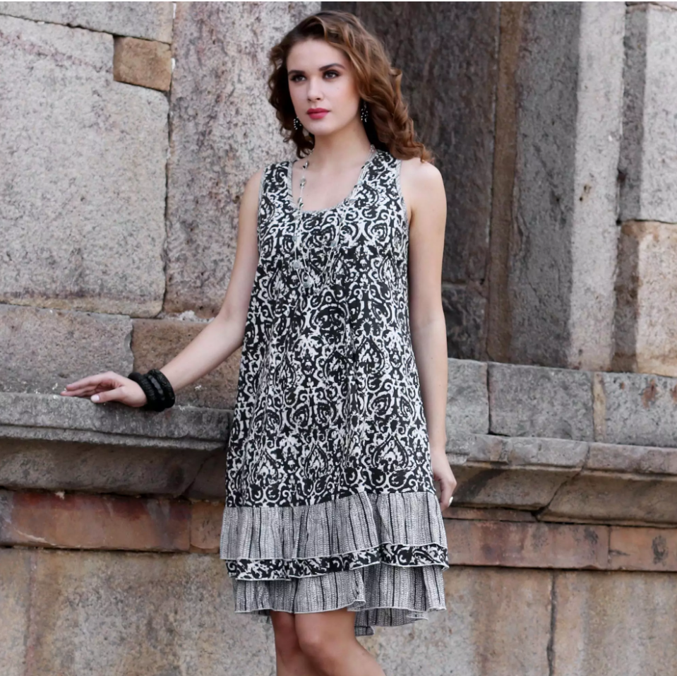 Black and White Print Casual Cotton Dress