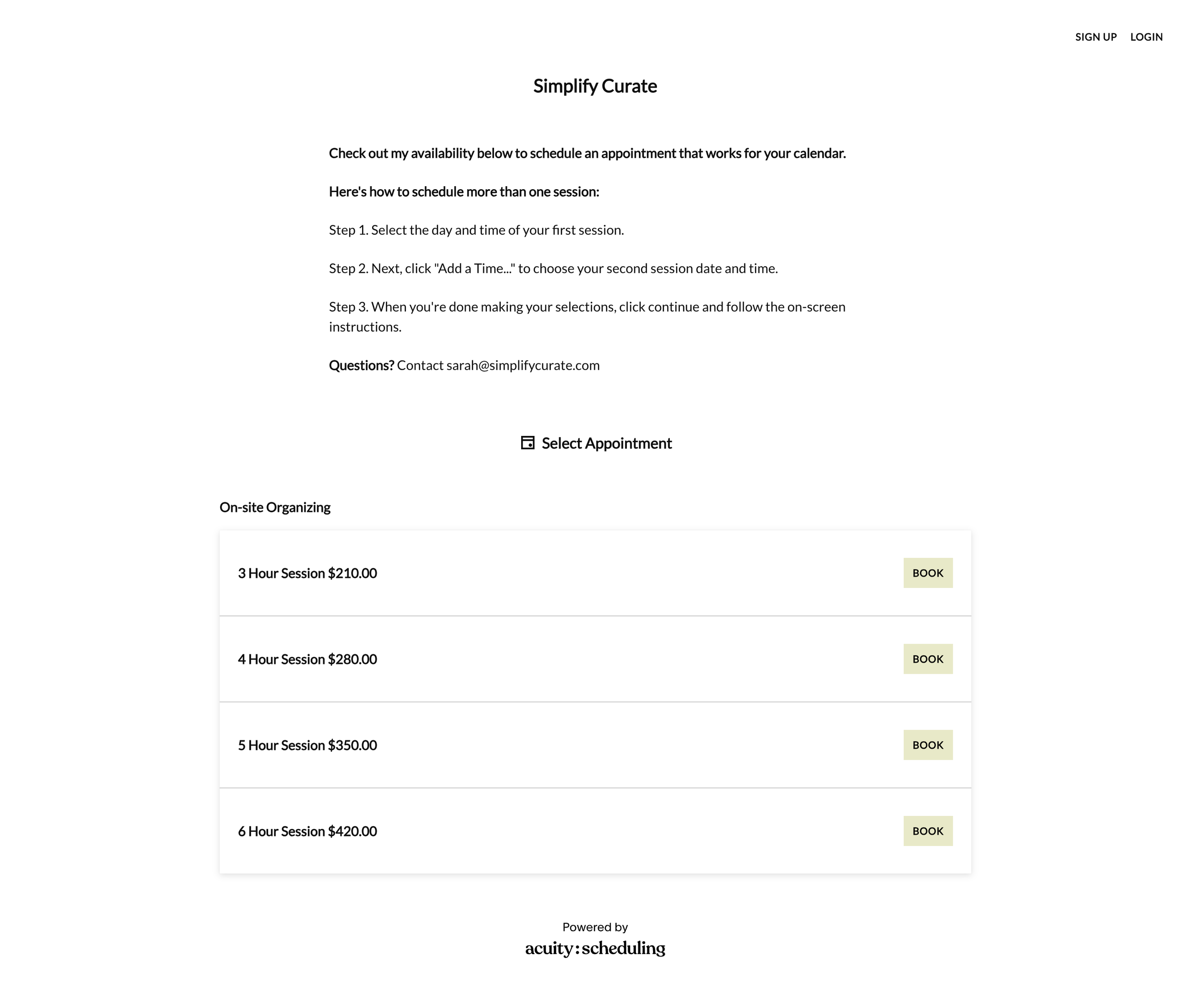 Online scheduler showing available times to book a free home organizing call.