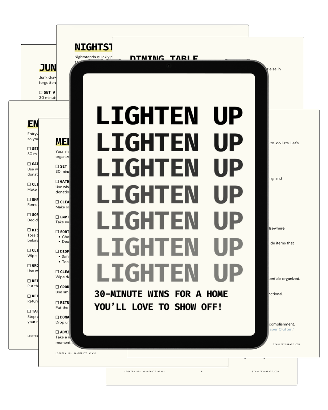 Lighten Up Challenge quick-start decluttering guide by Simplify Curate to simplify your home, clear 7 key areas, and create calm, organized spaces.