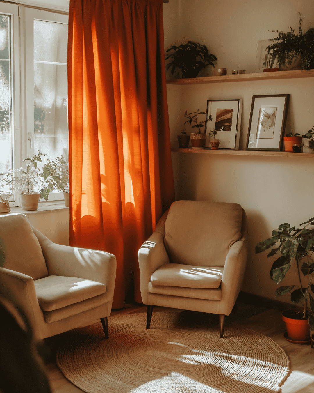 Curtains and textiles adding warmth and softness to a rental home.