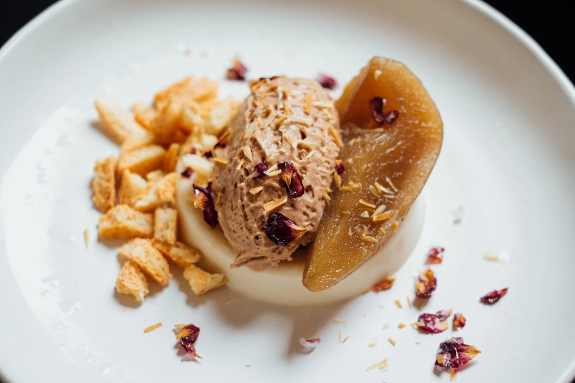 Salted Chocolate Parfait, Almond Pudding, Oolong Tea Pear
