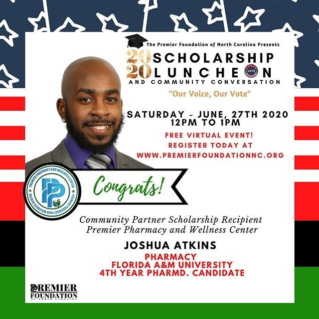 Congrats to 2020 Community Partner @premier_rx Scholarship Recipient Joshua Atkins! Join us virtually this Saturday to honor Joshua Atkins and our other 2020 Scholarship Recipients! Click the link in the bio to register! .
.
#clt #charlotte #college 