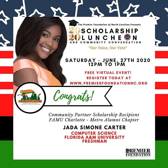 Congrats to 2020 Community Partner @charlotterattlers Scholarship Recipient Jada Carter! Join us virtually this Saturday to honor Jada Carter and our other 2020 Scholarship Recipients! Click the link in the bio to register! .
.
#clt #charlotte #colle