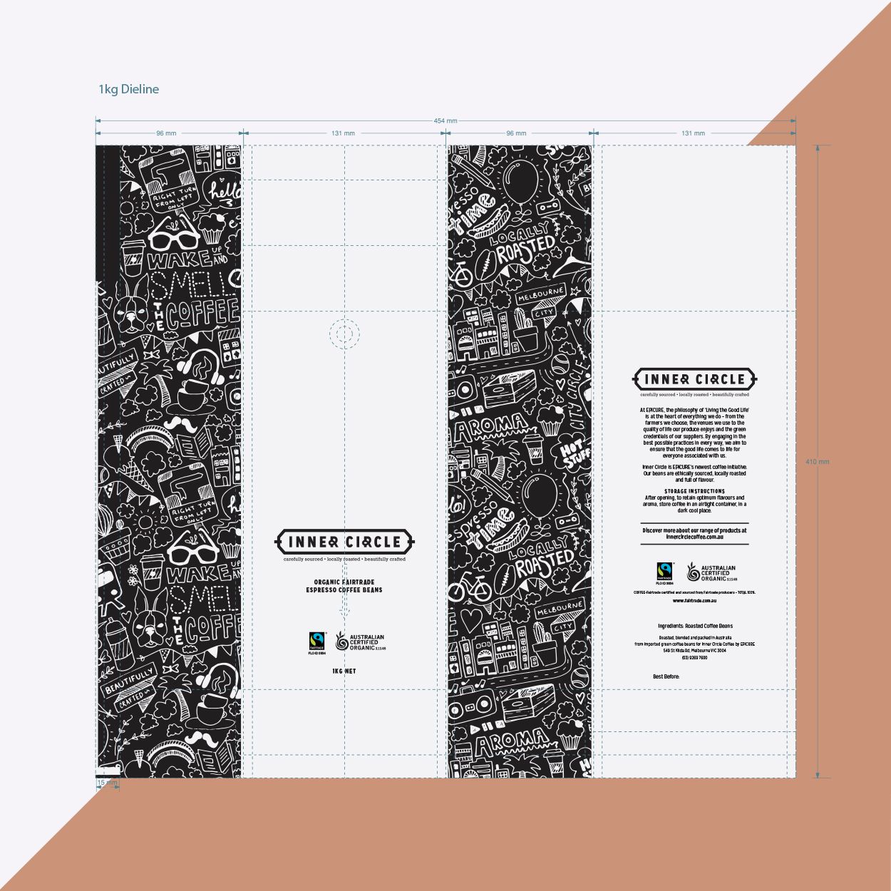 Inner Circle branding and bespoke hand drawn pattern on packaging net