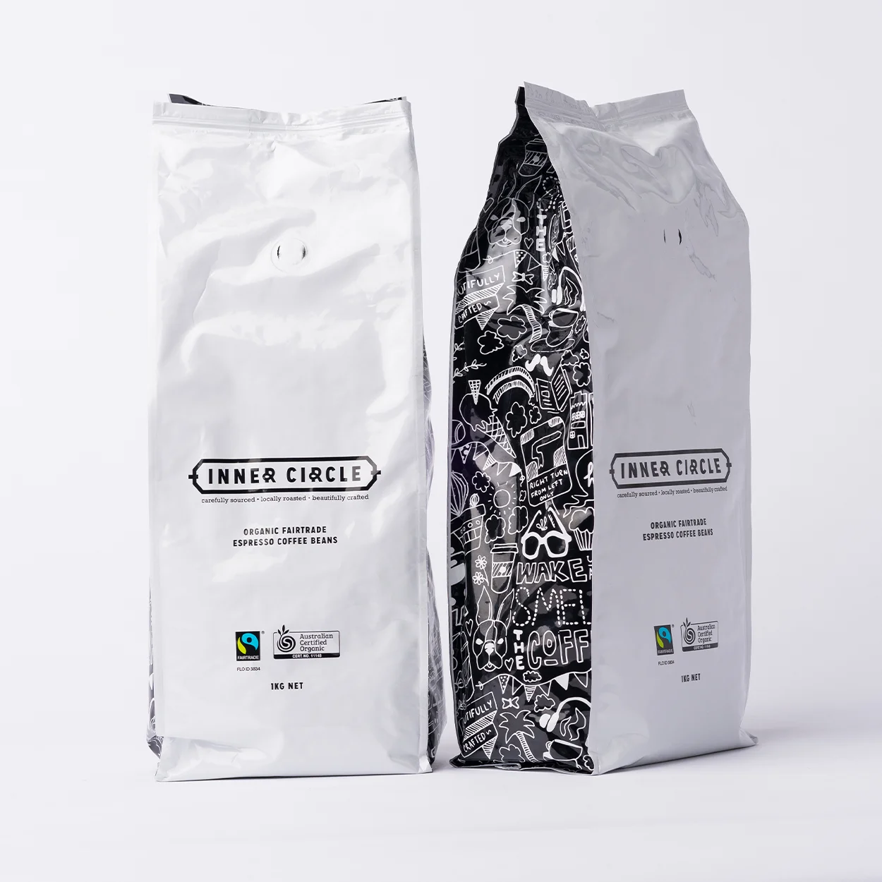 Inner Circle branding and bespoke hand drawn pattern on packaging front and side view
