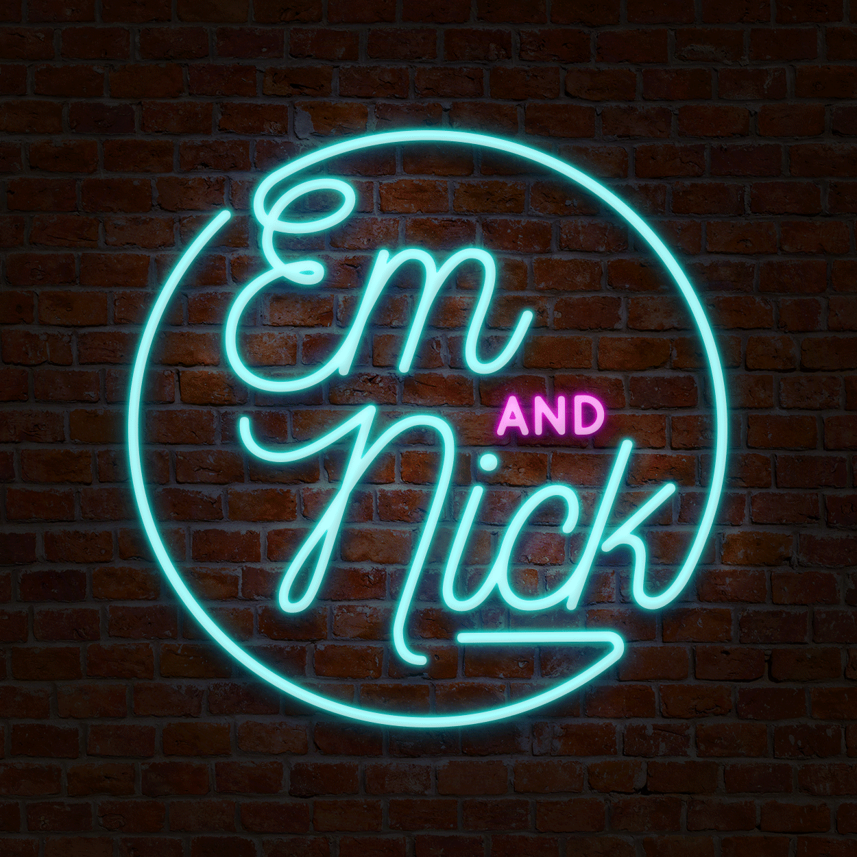 Wedding neon style projection with custom logo typography against faux brick wall