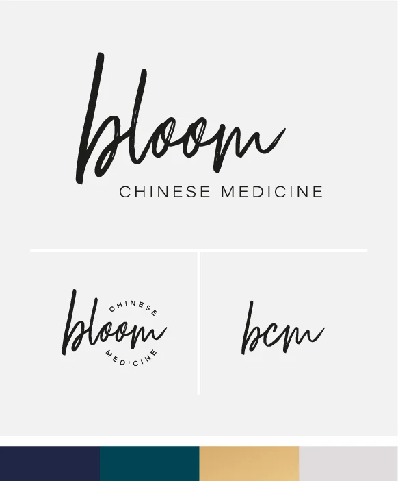 Bloom Chinese Medicine logo option 1, main logo, secondary logo, icon and colour palette