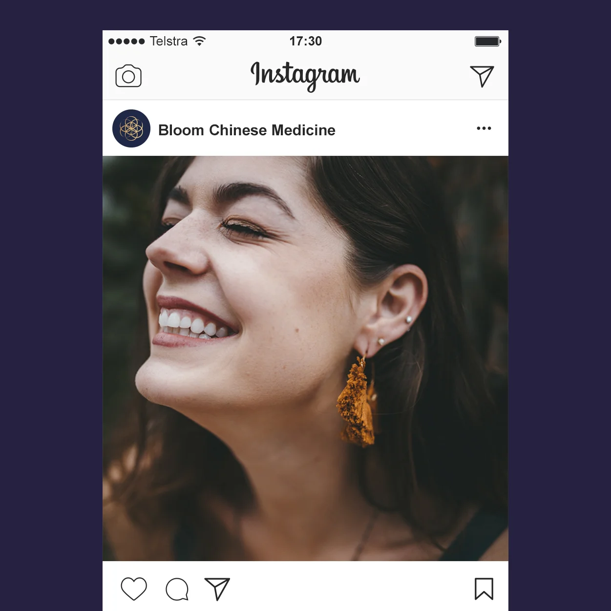 Bloom Chinese Medicine instagram template. Woman smiling close-up