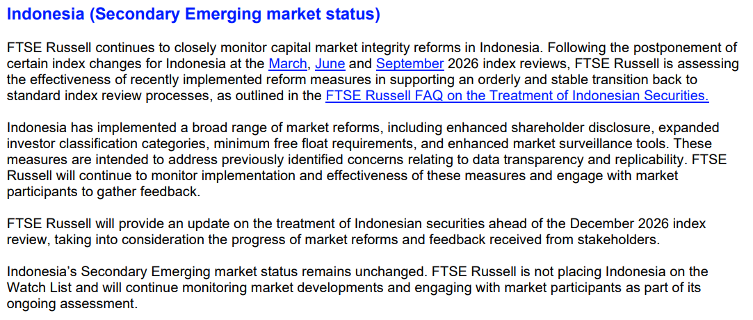 FTSE Russell Pertahankan Status Pasar Indonesia Sebagai Secondary Emerging Market