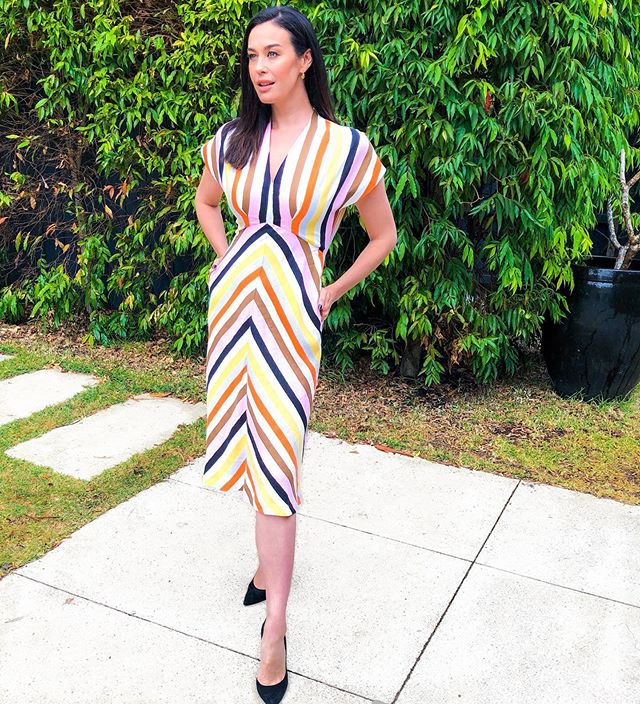 The ☀️ was not shining this morning in Melbourne but the Franklin Midi dress by @rebeccavallance (or the &ldquo;rainbow dress&rdquo; as Rosie called it) sure made things a bit brighter 🌈☺️