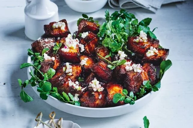 Sticky Pork Belly with Apple &amp; Watercress