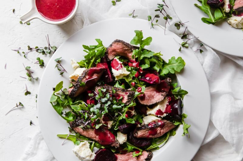  Pepperberry crusted wallaby with beetroot, rocket and feta salad