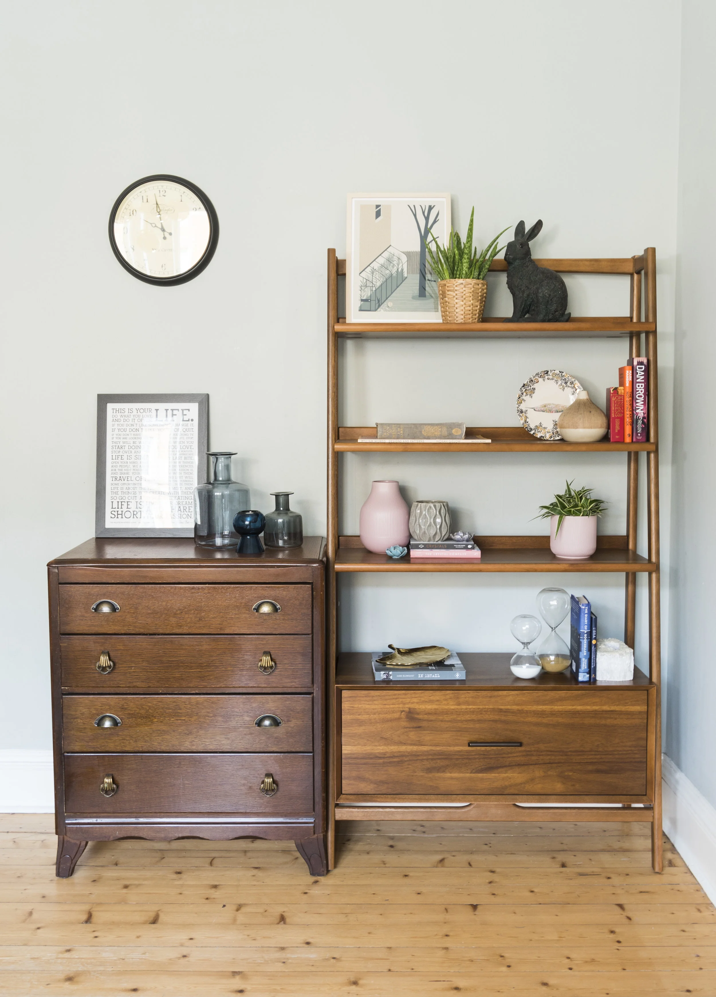 Victorian chest of drawers juxtaposed with a mid-century inspired newly made bookshelf