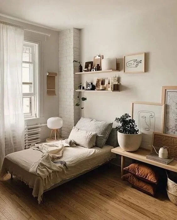 I love this small bedroom I found in pinterest It’s very small but there’s no excess issue. Everything has its place. You can get to bed easily, and turn the light on easily. It just takes some planning!