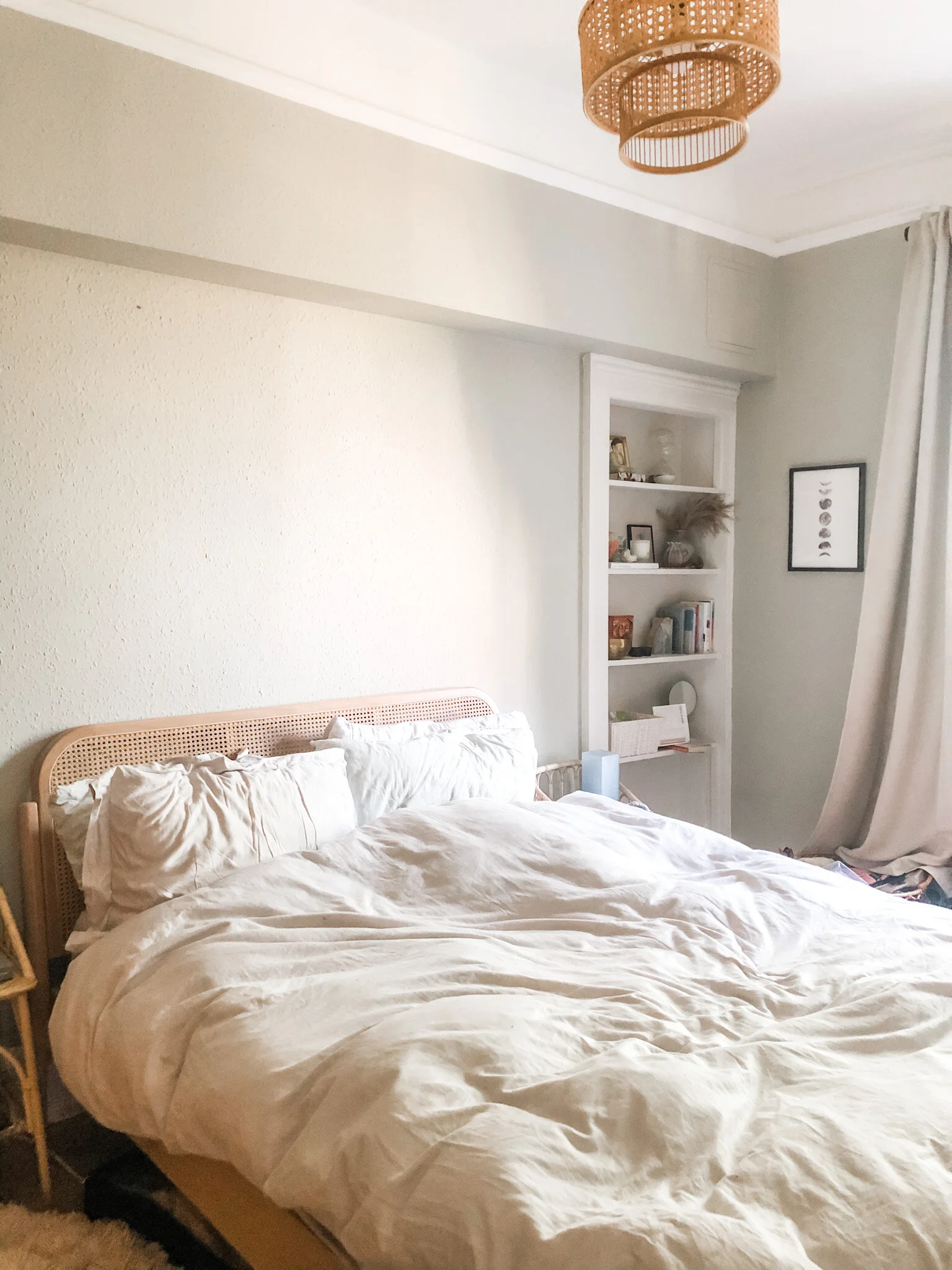 So here it is, my bedroom with wood chip wallpaper. Colour painted in French Gray from Farrow &amp; Ball. Bed from John Lewis.