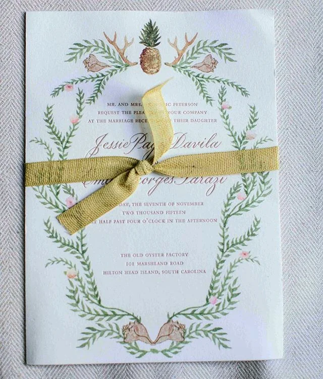 Going through old photographs and enjoyed finding this. The first crack at a wedding invitation was for own wedding (@jessiepetersontarazi ). Conchs, greenery, deer antlers and the pineapple (an old sign of welcome in the coastal South) all reflected