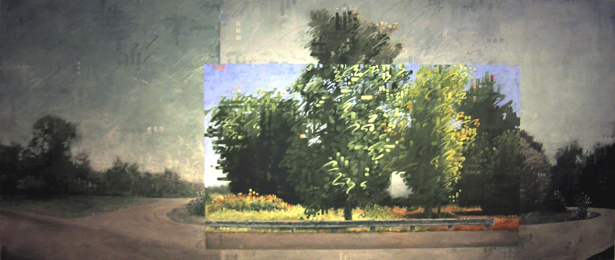 Cordie Cheek: Junction of Route 50 & 50A; Near Columbia, Tennessee. 1999, oil (and acrylic) on linen 62” X 144” X 2 3/4”