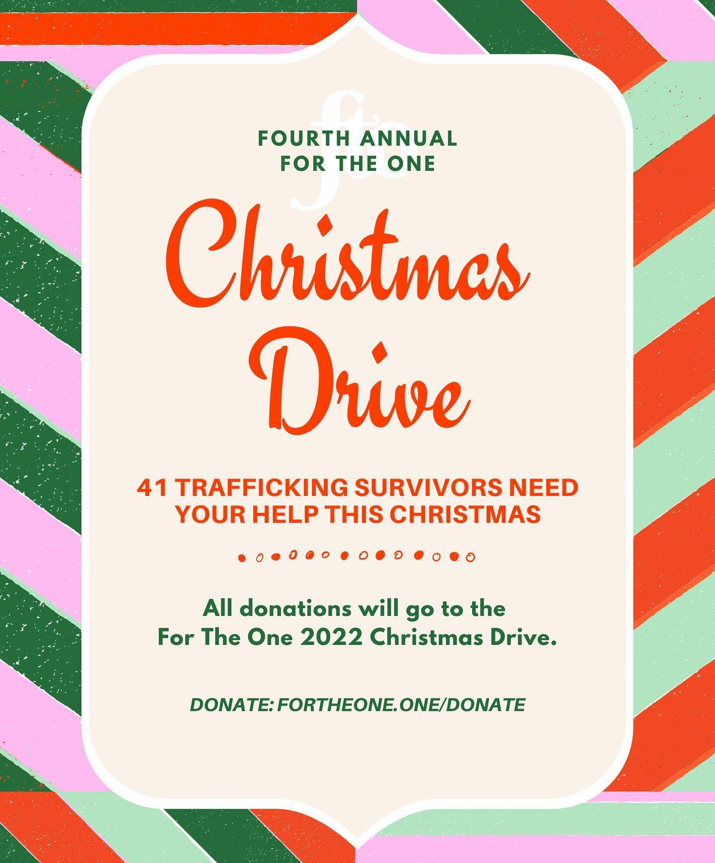 CHRISTMAS DRIVE 🎄🎁 Now through December 18th.

We had such an incredible turnout last year with all of your help. Thank you for joining us again to make this Holiday season special for 41 amazing trafficking survivors and their families!

DETAILS:
