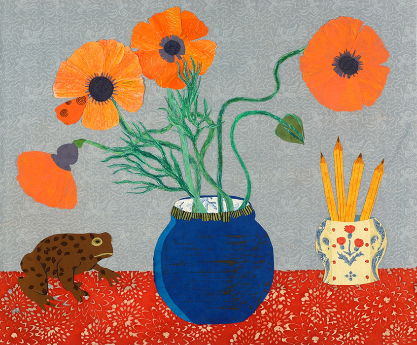 Poppies, pencil and toad greeting card