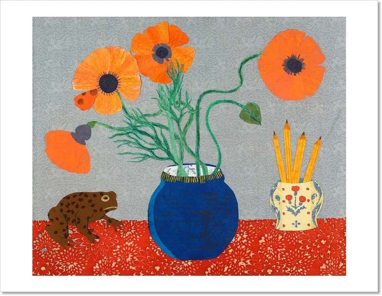 poppies, pencil, toad greeting card