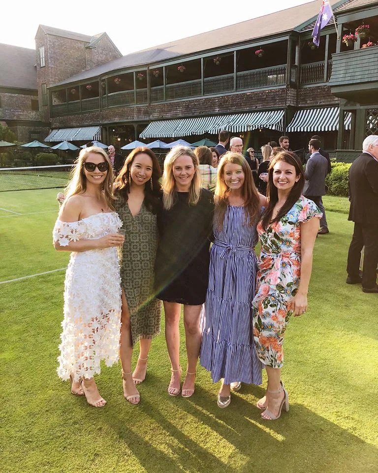Rehearsal dinner at the Tennis Hall of Fame, wearing the Sienna Dress in a printed silk.