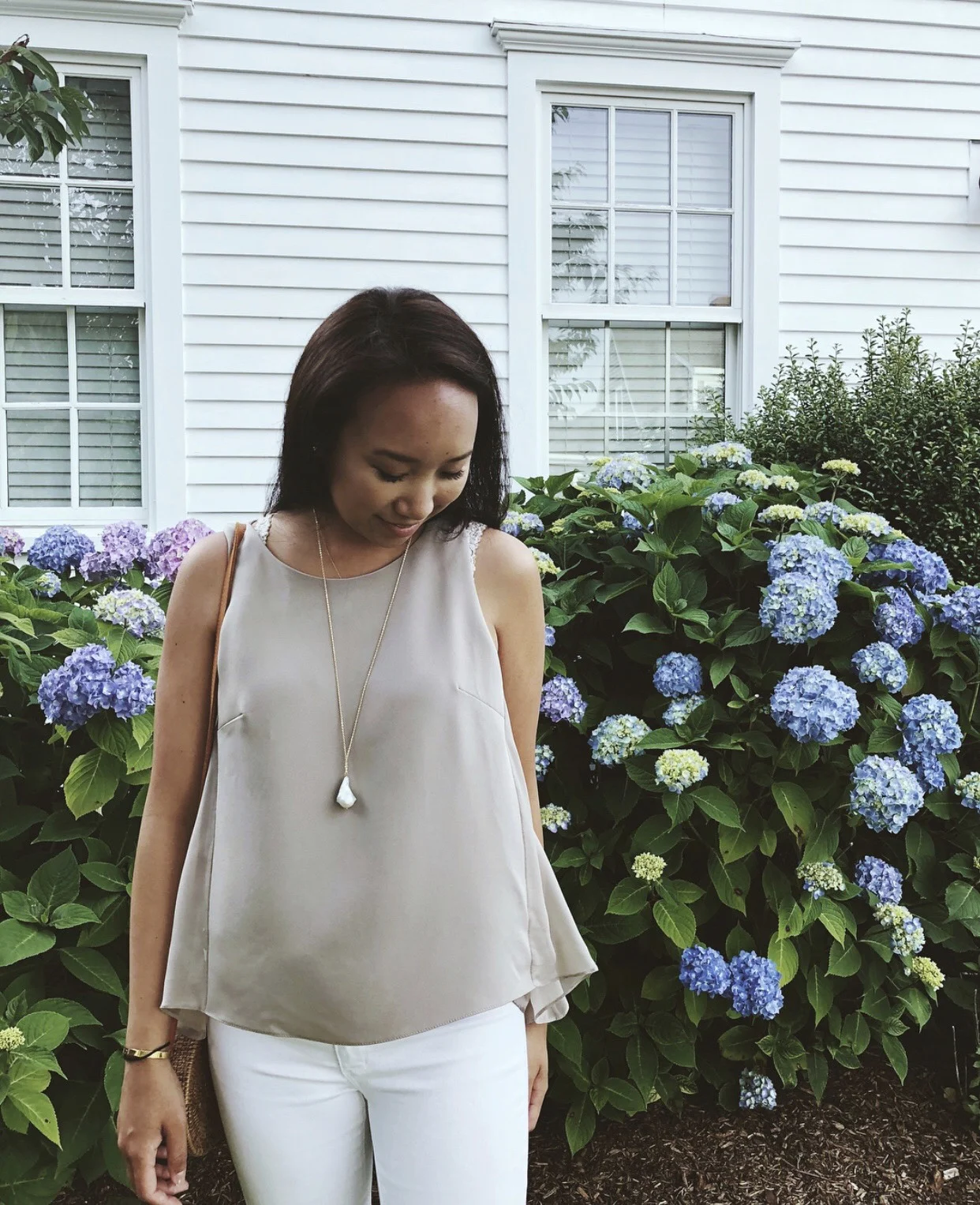 My favorite Julie Top paired with a long pearl necklace by Andrea Del Bello Jewelry, available at the Boutique. Both such good staples that are great for traveling.