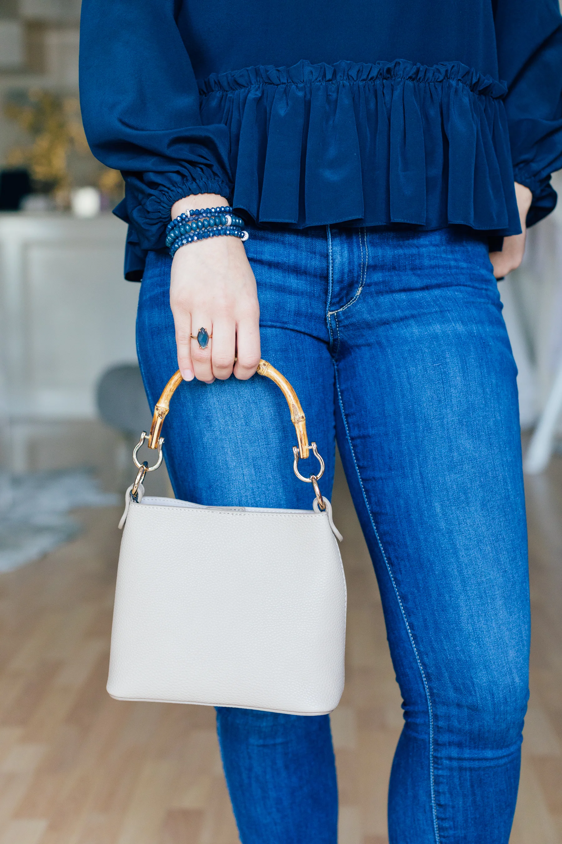 Our favorite new go-to: the Poppy Bag, Marquis Blue Quartz Ring by Andrea Del Bello Jewelry and Pebbles by LLF stackable bracelets!