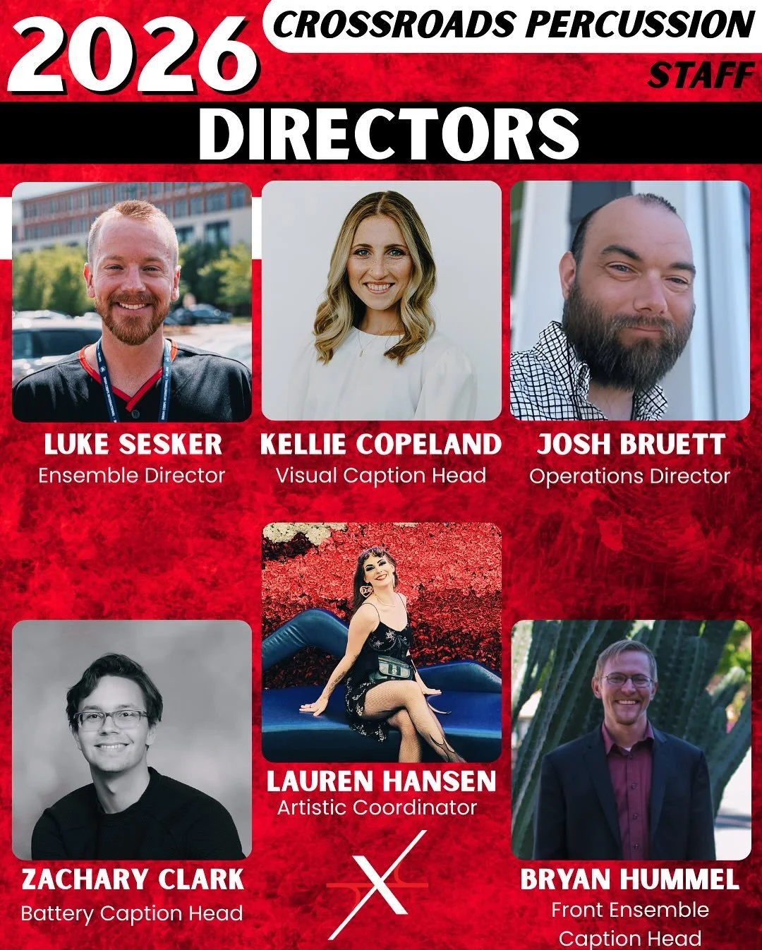 The 2026 Crossroads Percussion Education Team! Visit our website to learn more about our education staff and to get more information for our pre-season events!
