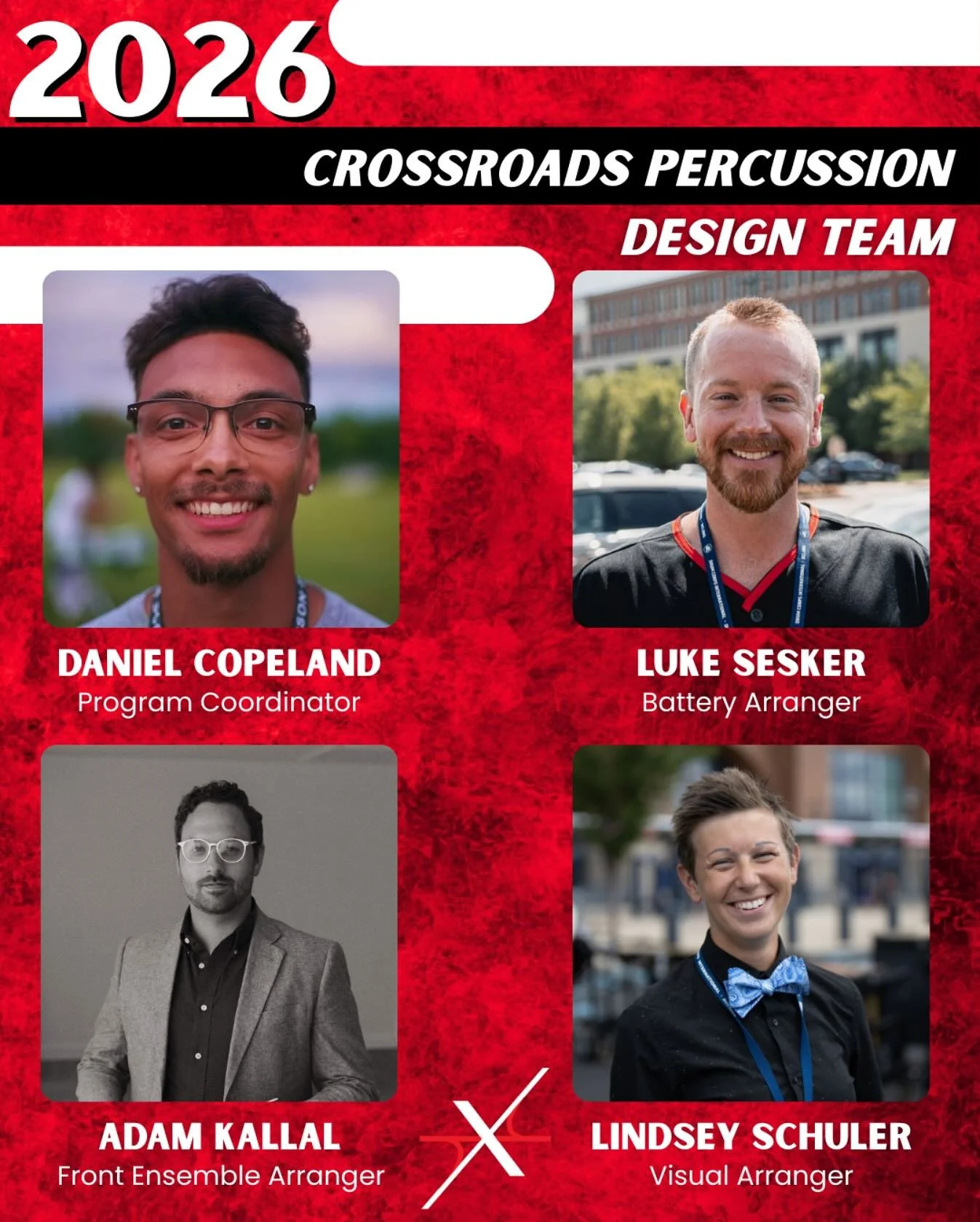 Introducing our 2026 Crossroads Percussion Design Team! Check out more information on our design team and our upcoming season events at crossroadsindoor.org.