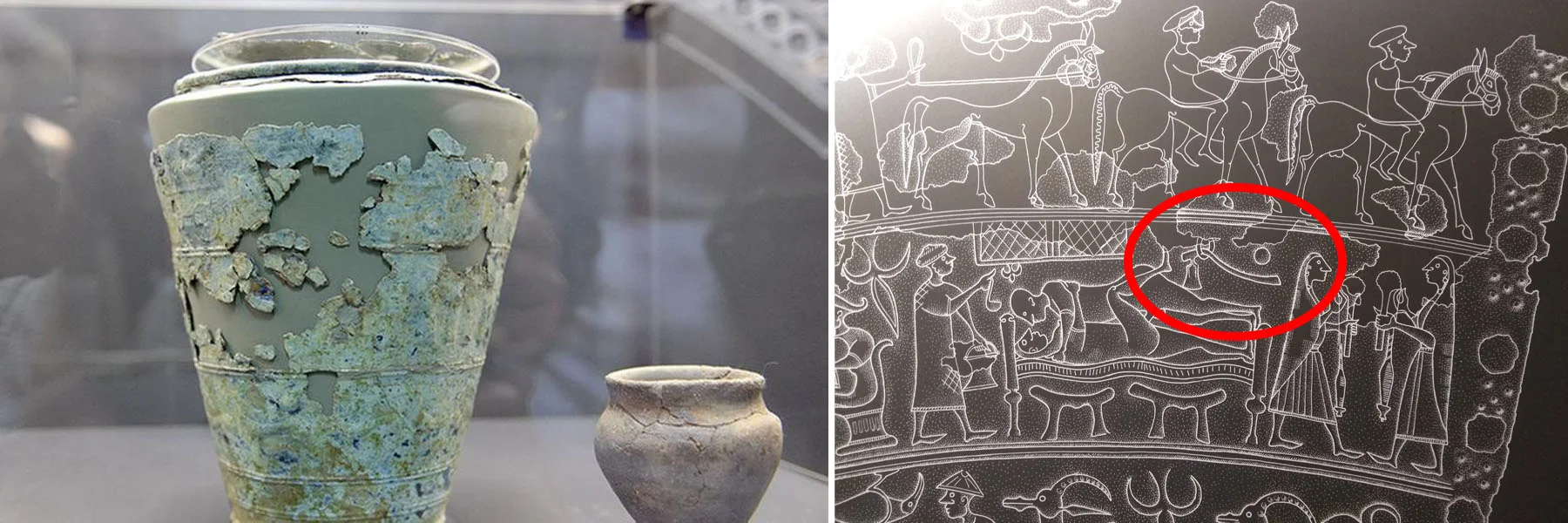 On the left the Situla (photo from La Tribuna di Treviso*), while on the right the representation of the axe in the Situla