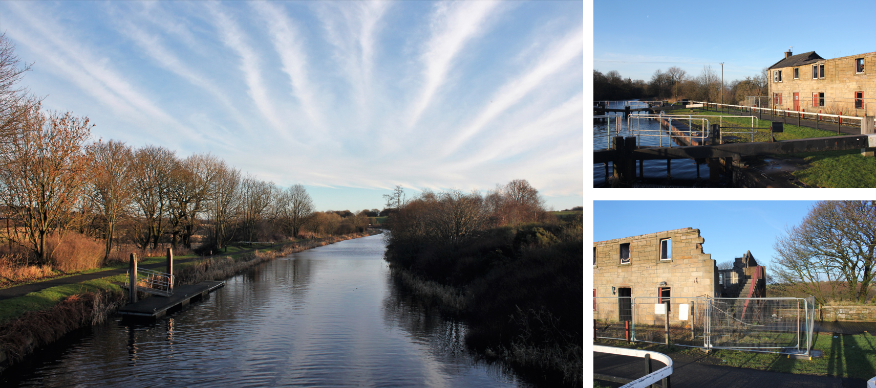Underwood Lockhouse: the view east, and the now derelict building