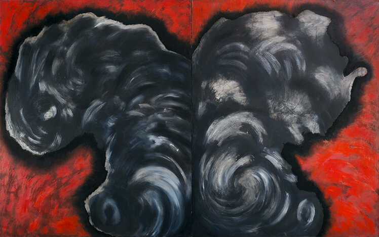 Dialogue: Facing Fire Diptych  -2003, 2018  oils/canvas  60x 96"