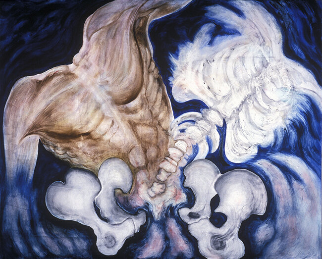 Body and Soul #2- torso with ribcage on blue  1998  oils/canvas  48 x 60"