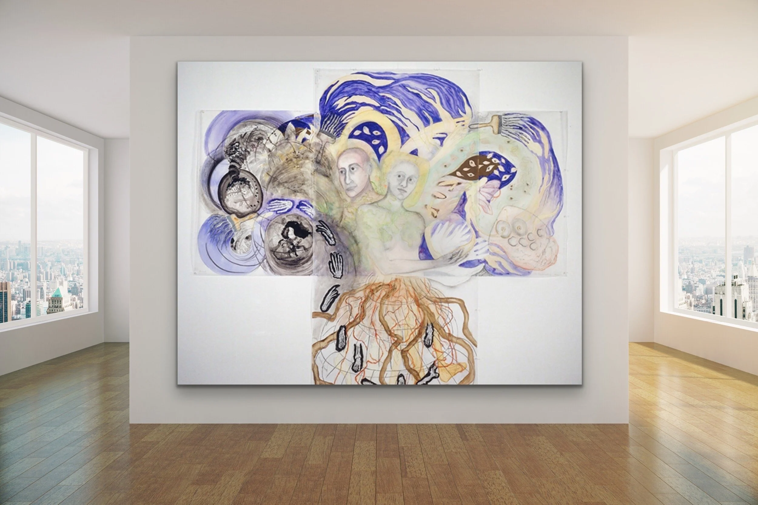 Re-Membering- two paper scrolls overlapping in an interior setting