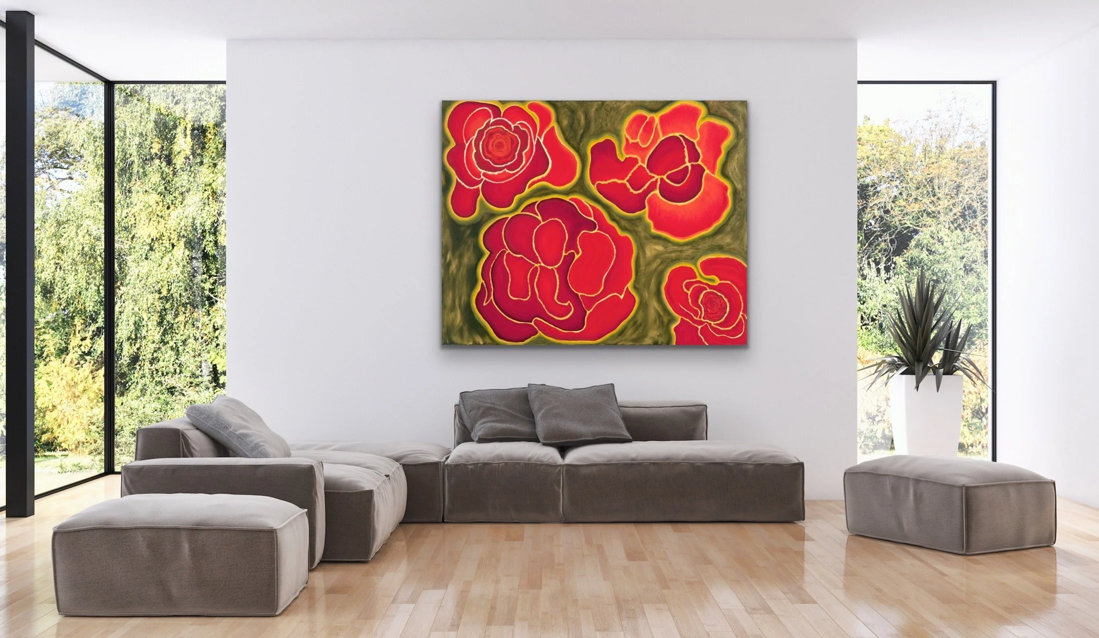 painting: Headfull of Roses in an interior setting