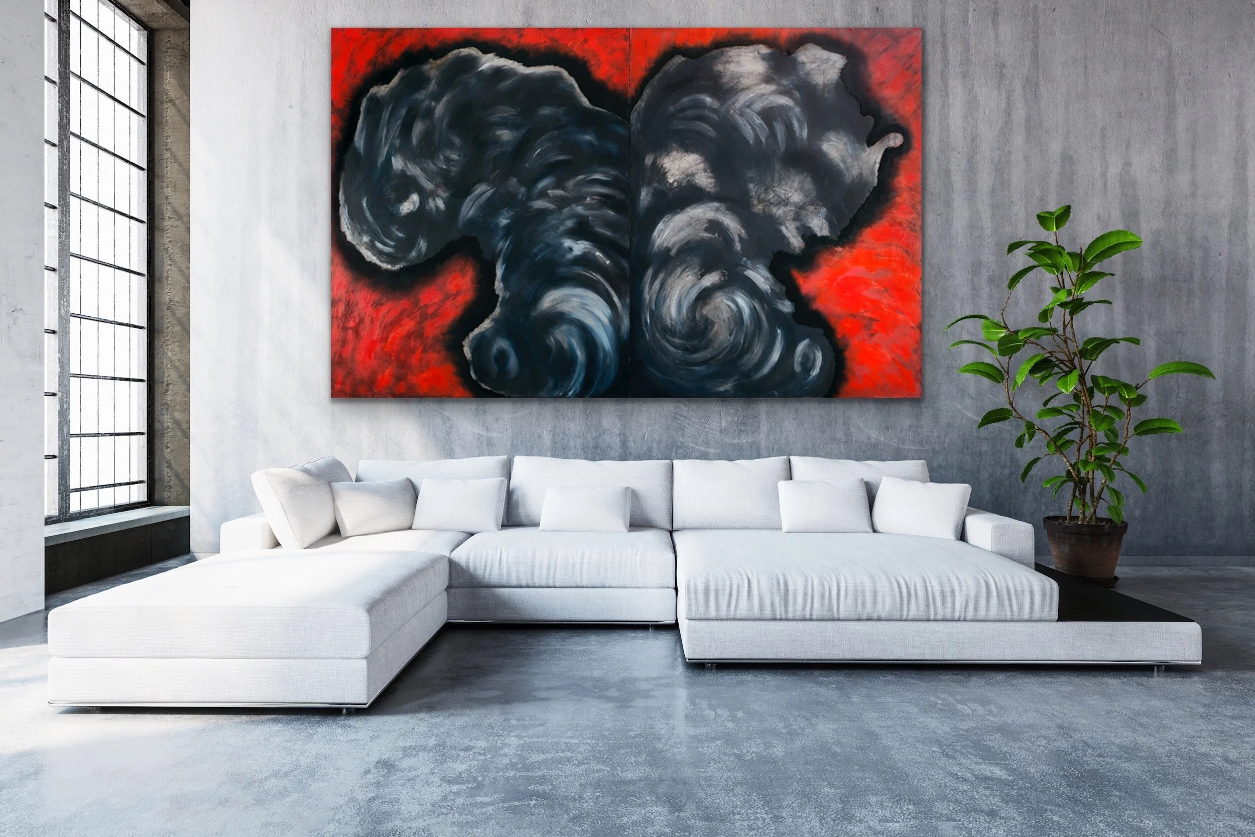 Dialogue: Facing Fire Diptych  oils/canvas 60x96" in interior setting