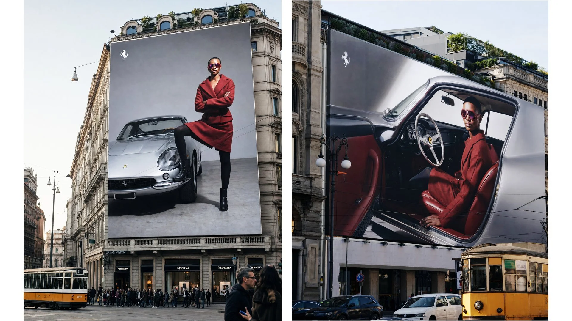  None of it was photographed. There was no model, no studio, no car on a set, no crew. Two things are drawn from reality — the sunglasses and the 275 GTB both exist — and everything else, the woman, the light, the wardrobe, the billboards, the in-fee