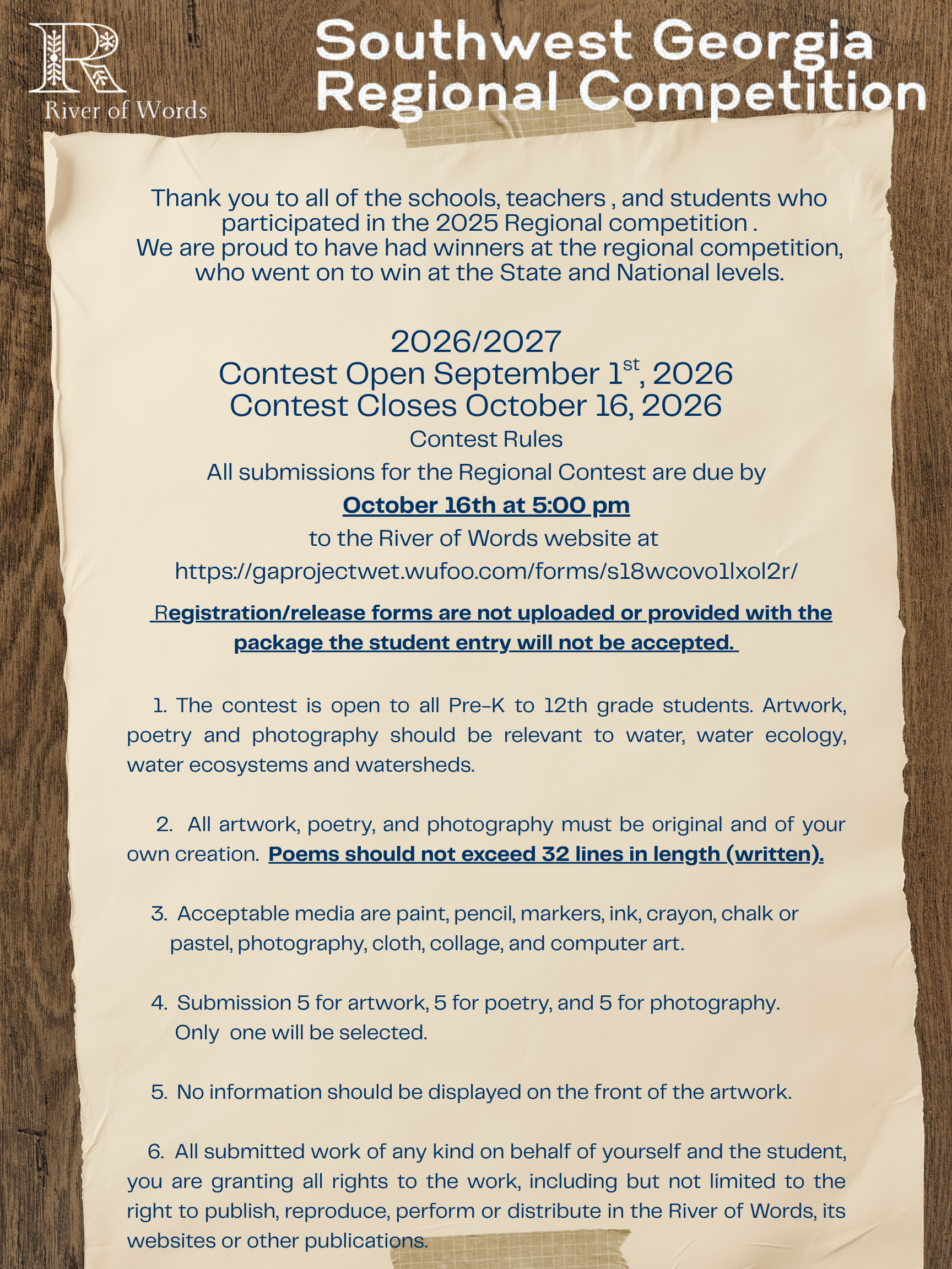 A printed announcement on a piece of paper with torn edges, taped to a wooden surface, about the Southwest Georgia Regional Competition for River of Words, including submission deadlines, rules, and guidelines for artwork, poetry, and photography.